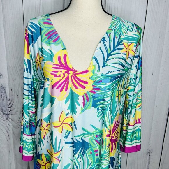Beach Break Shift Dress Women’s Size Large Bright Colorful 3/4 Sleeve Stretch - Picture 2 of 12